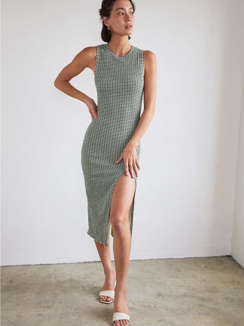 Wilfred Green Checked Sleeveless Midi Dress with Side Slit